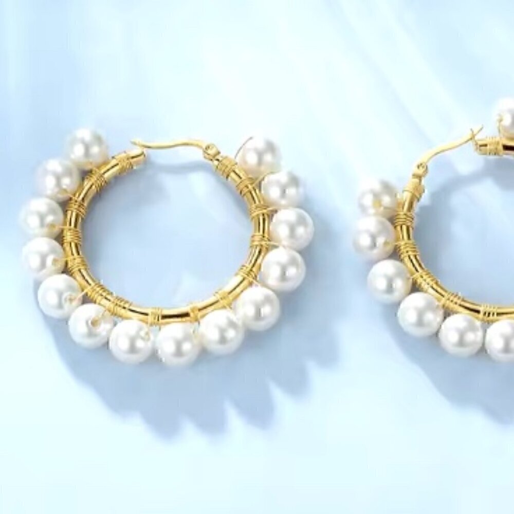 NEW - White Pearl Hoop‎ Earrings